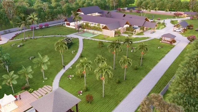Aerial view of Niranta Life showing the main residence, gardens, and walking paths.